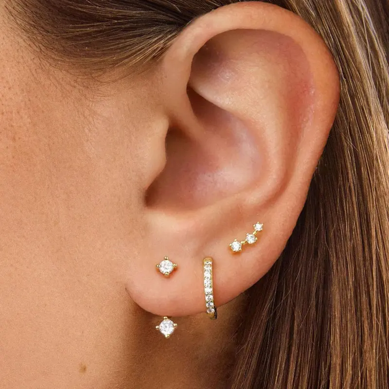 18K real gold zirconia layered stud earrings simple earring set ear bone stud ear hoop ear clasp 3-piece set