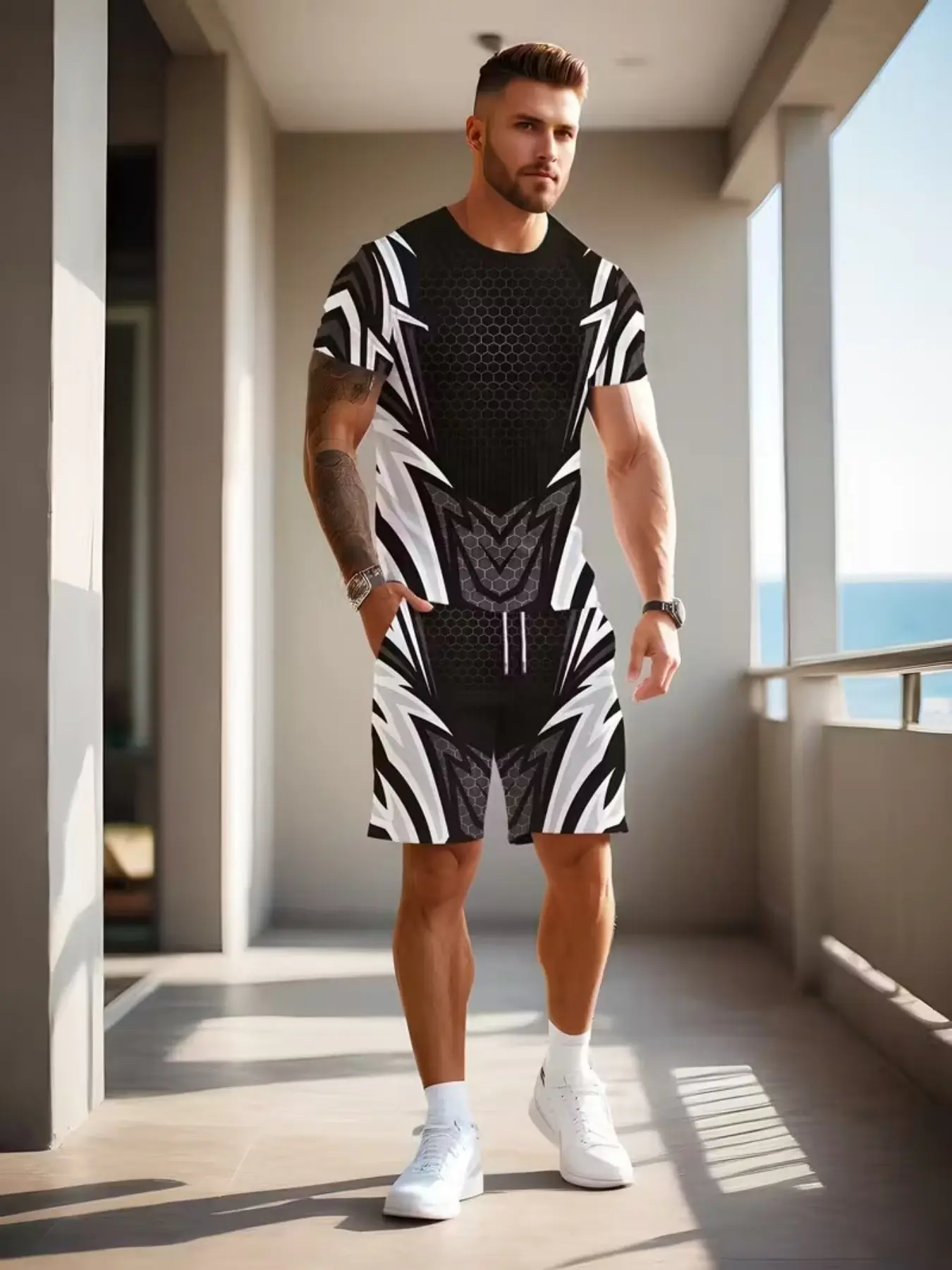 Men's Fitness Sportswear Set Mecha Print Short Sleeves Shorts Breathable Quick-Dry Training Two-Piece Suit