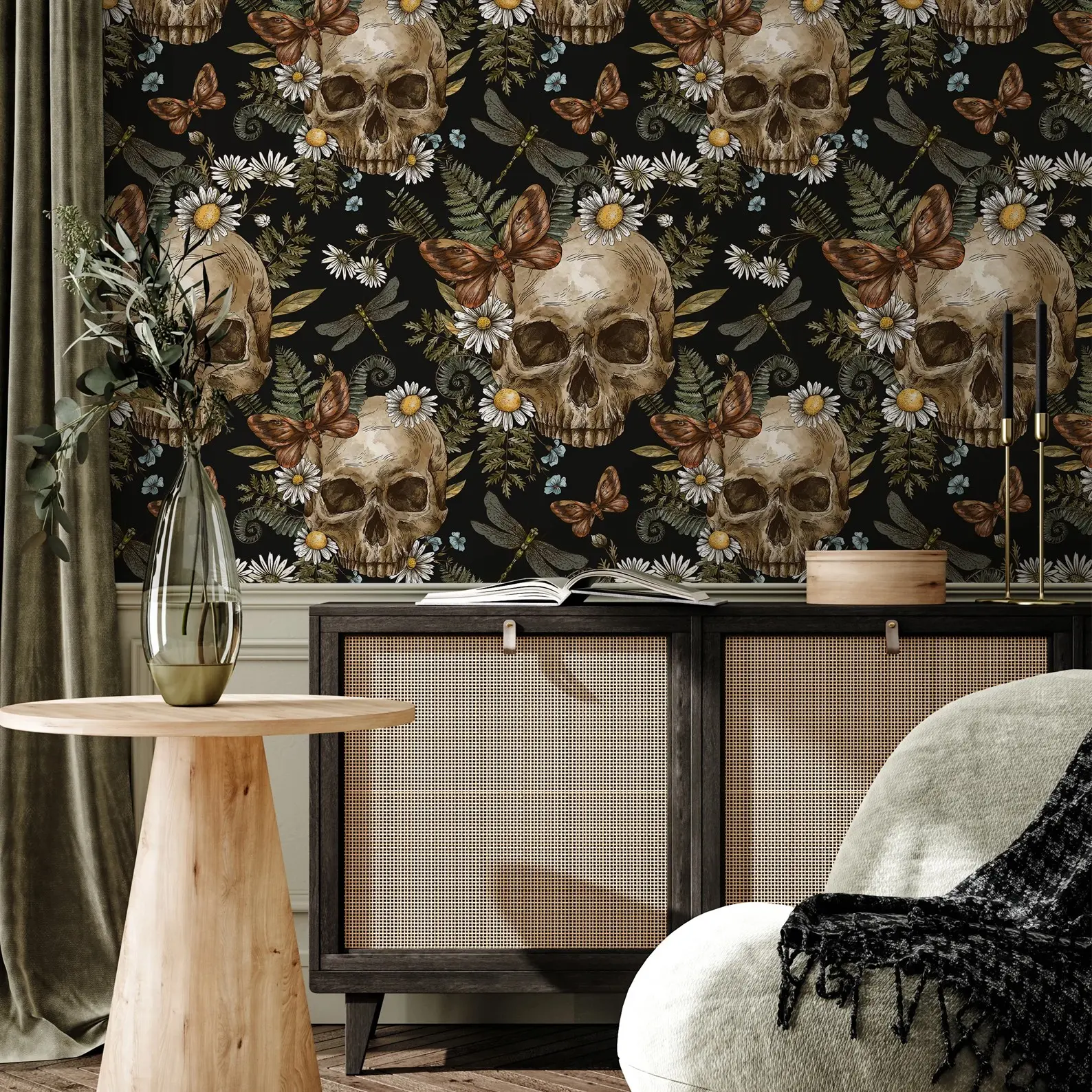 Dark Floral Skull Theme Wallpaper, Removable Peel and Stick, Art Decor for Bedroom Bathroom Living Room, Wall Mural for Home Cabinets