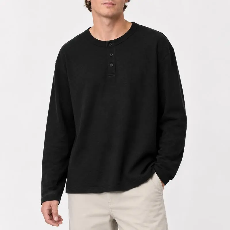 Men's 100% Cotton Long Sleeve Henley Shirt, Casual 3 Button Crew Neck Pullover Tee, Soft Lightweight Relaxed Fit Basic Top, Solid Everyday T-Shirt for Spring Fall, Streetwear Home Travel Work Layering, Comfortable Men's Fashion Apparel Essential