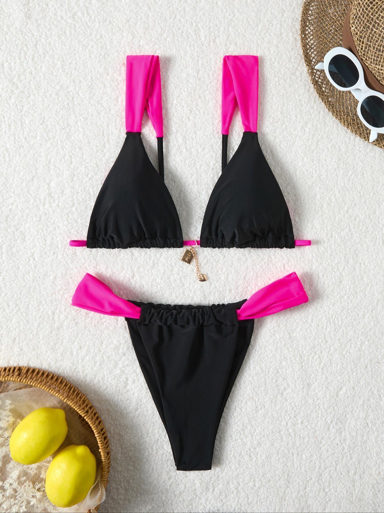 Two-Piece Set Women's Colorblock Bikini Set, Casual Fashion Chic Swimsuit Set for Beach Holiday Vacation, Ladies Swimwear for All Seasons, Triangle Bikini Top, Triangle Bathing Suit