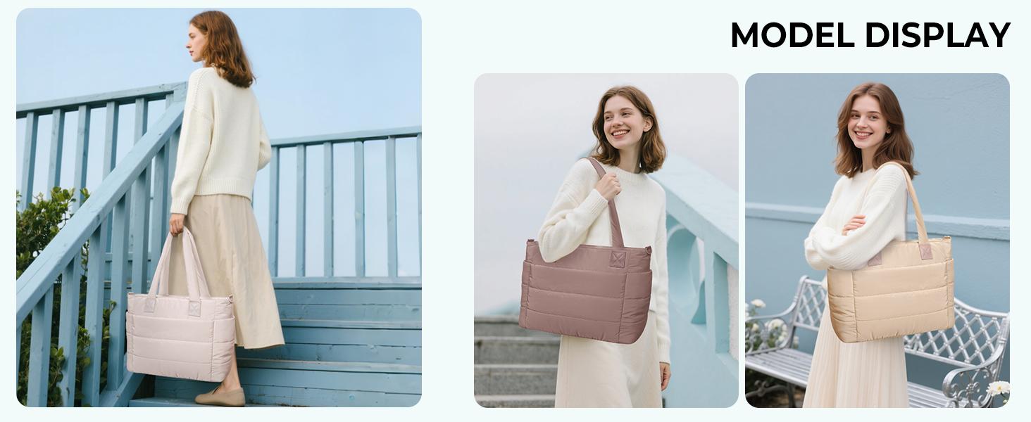 Tote Bag for Women, Lightweight Puffy Puffer Tote Bag with Compartments Quilted Shoulder Bag Handbag for Travel, Work, Gym