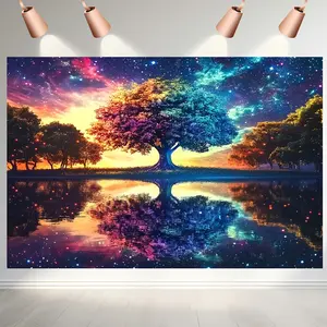 Tree of Life Tapestry Vibrant Cosmic Design with Starry Sky & Reflective Water, 100% Polyester, Perfect for Parties, Weddings & Everyday Decor