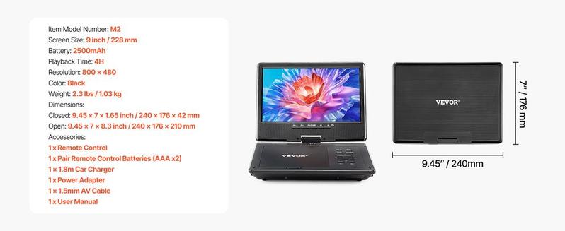 VEVOR Portable DVD Player 9 in HD Swivel Screen 4 Hours-in Battery