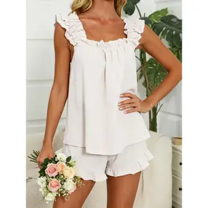 y2k Women 2 Piece Pajamas Set Solid Color Sleeveless Ruffle Tank Tops + Shorts Set Lounge Clothes