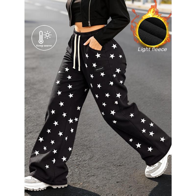 Women's Star-Print Baggy Loose Oversize Wide-Leg Light Fleece Sweatpants - Lady's Cozy Keep-Warm Bottoms for Casual Street Style, Home & Outdoor Use