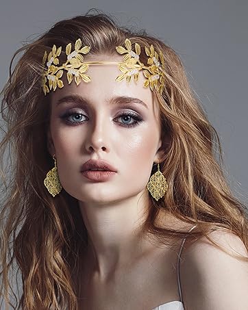 Florideco 9 Pcs Greek Goddess Costume Accessories Set for Women Golden Laurel Leaf Crown Headband Upper Arm Coil Bracelet Pearl Leaf Dangle Earring Artificial Pearl Earrings Necklace Bridal Wedding
