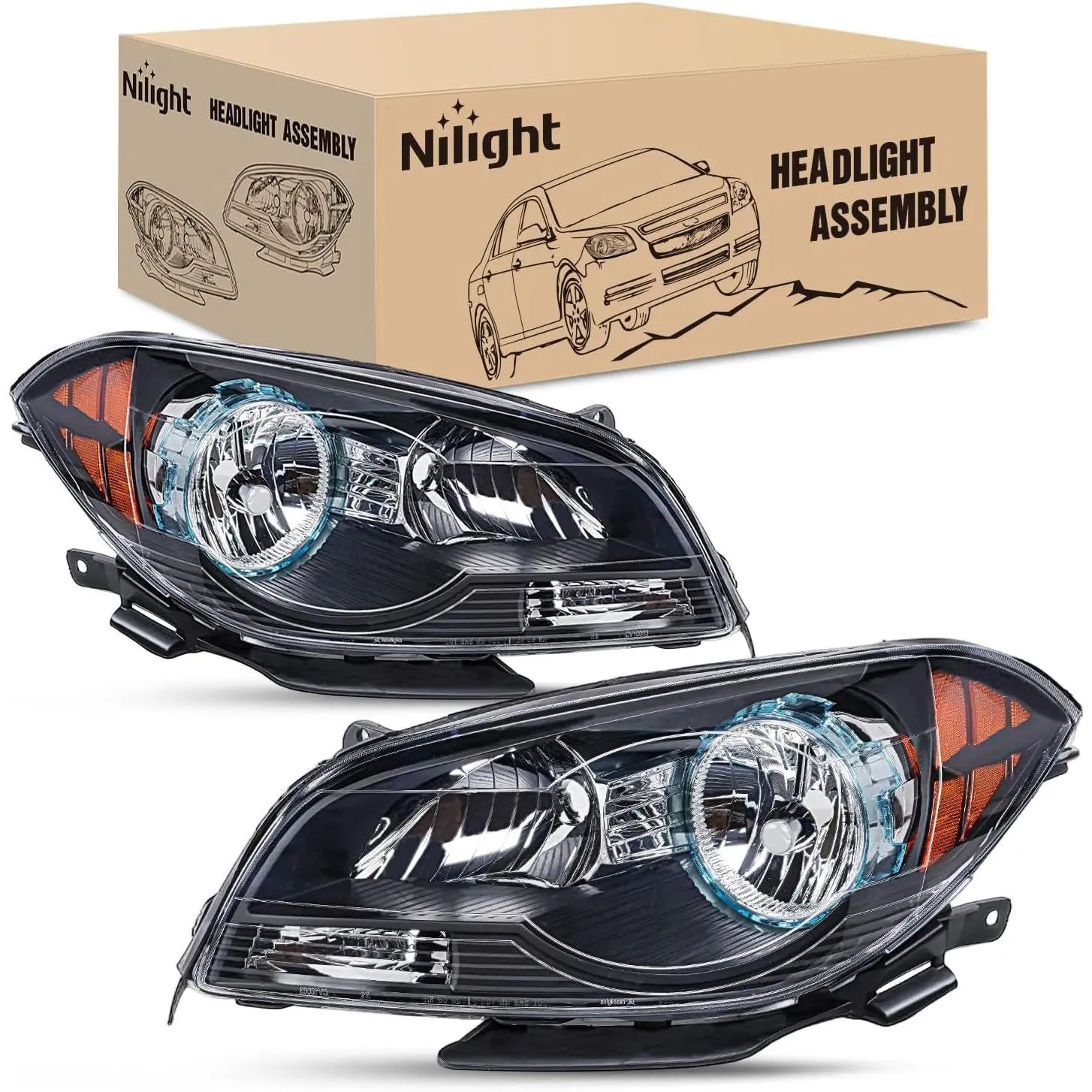 Nilight Headlight Assembly Compatible with 2008 2009 2010 2011 2012 Chevy Malibu 4 Door Halogen Factory Headlamp Black Housing Amber Reflector Headlamp Passenger and Driver Side