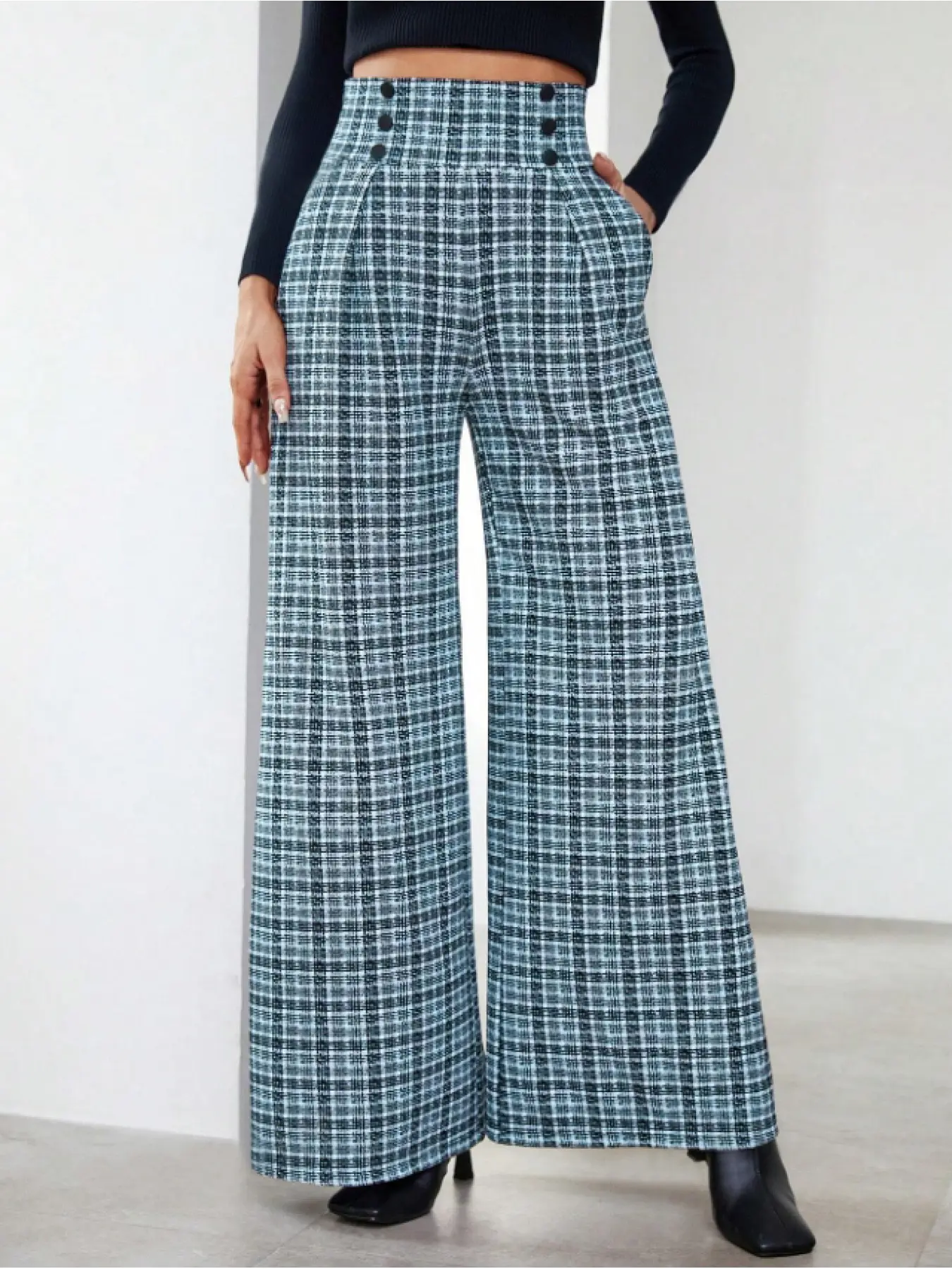 A piece of classic plaid pattern print high-waisted design wide-leg trousers version button detail diagonal pocket suit trousers, retro casual style