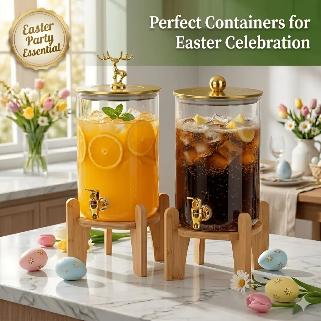 LDQ Luxury Glass Beverage Dispenser - 100oz/3L Drink Pitcher Glass Jug Spigot Water Jug with Golden Spherical Lid, Bamboo Stand, Leak-Proof Spigot for Party, Kitchen Decor, Gift, Storage Bottles & Jars, Glass Gallon Jug
