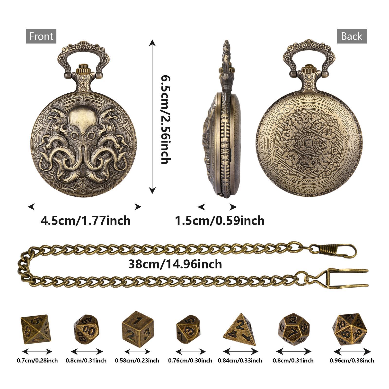 Double Eye Octopus Design Pocket Watch with Chain & Dice Set, 1 Set Role Playing Game Accessories, Cosplay Game Accessories