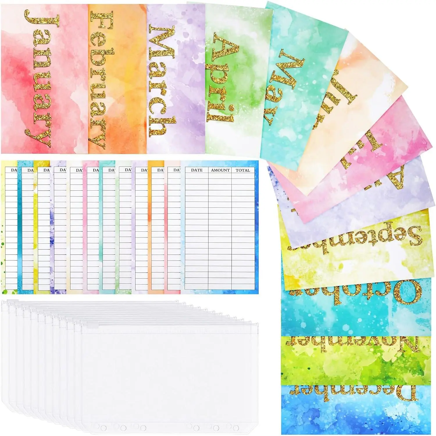 12 count PVC A6 Binder Pockets & 12 count Monthly Expense  Budget Sheets, Clear Zipper  Envelopes for Budgeting, 6 Hole Planner Binder Insert for  Saving  Stuffing, Gradient