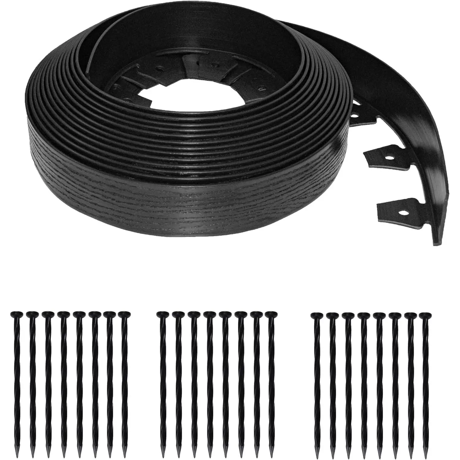 Tall Wall No-Dig Landscape Edging with Anchoring Spikes, 2.5 in. Tall Straight Top Plastic Garden Border with Woodgrain Texture, 40 Foot Kit, Black (3220E-40C)