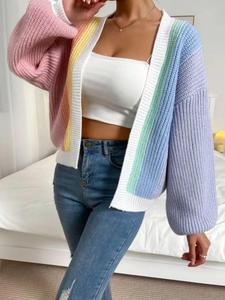【plus size】 lantern sleeve open front cardigan, casual fashion long sleeve cardigan for fall & winter, women's plus size knitwear for daily wear