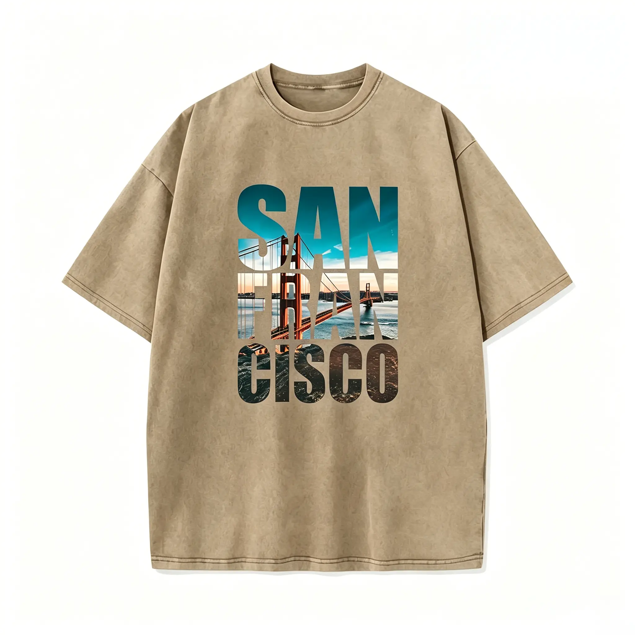 San Francisco Pattern, Summer Men'S Fashion Washed Vintage Batik High-Quality Thick Pure T-Shirt, Street Vintage Style Round Neck Short-Sleeve T-Shirt