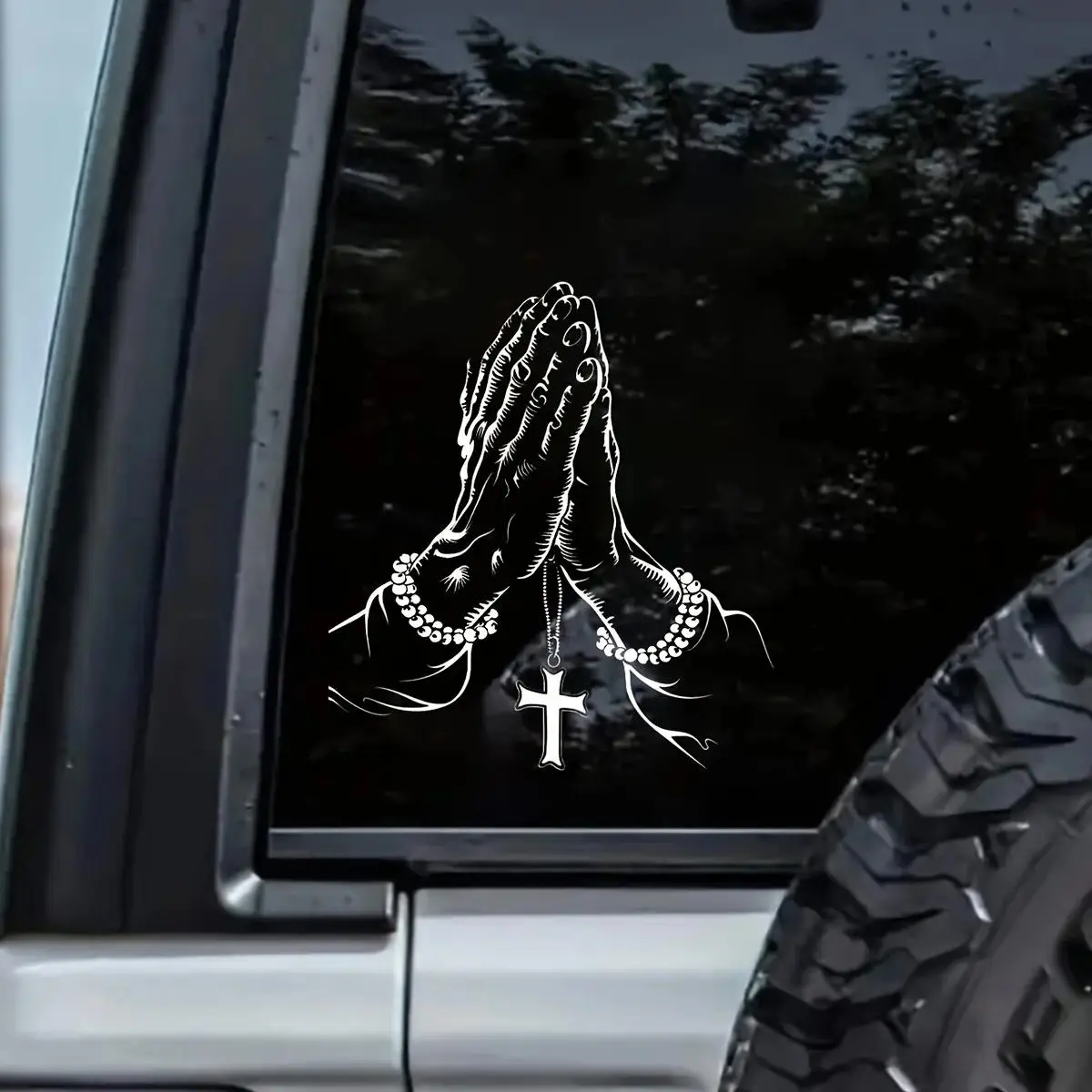 Praying Hands with Rosary Cross Car Decal, 10.8" Christian Faith Waterproof Vinyl Sticker, Religious Decor for Auto Window Body Motorcycle Laptop