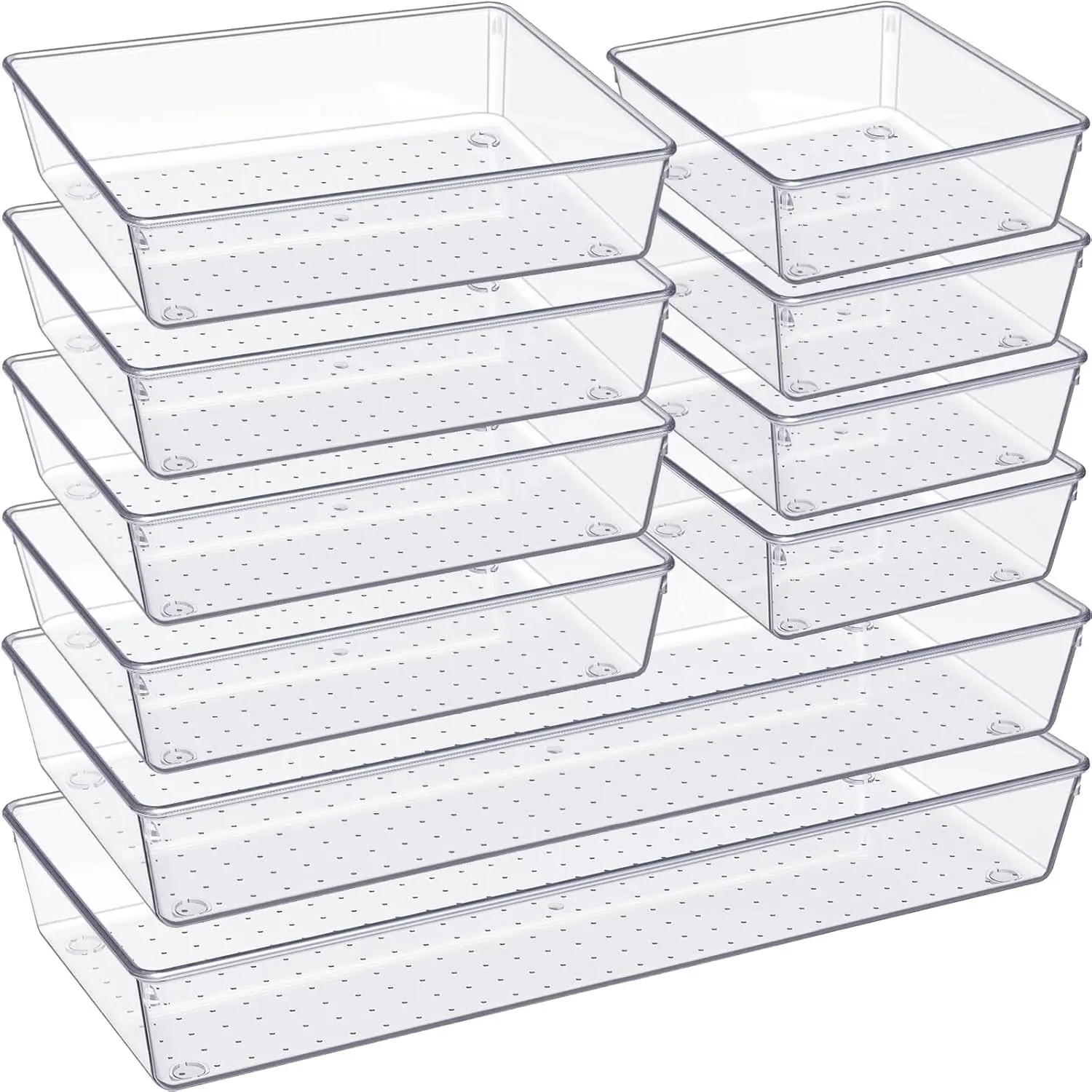 Drawer Organizer, 10 Pack Large Clear Plastic Set, 3 Size Versatile Bathroom and Vanity Organizer Trays, Storage Bins for Makeup, Bedroom, Kitchen Utensils