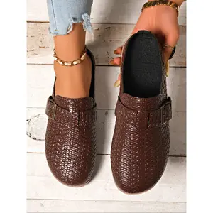 New Vintage Casual Woven Hollow Out-On Half, Footwear, Pu Leather Mules, On Mules, Lightweight Durable Rubber Sole, Suitable Daily Wear