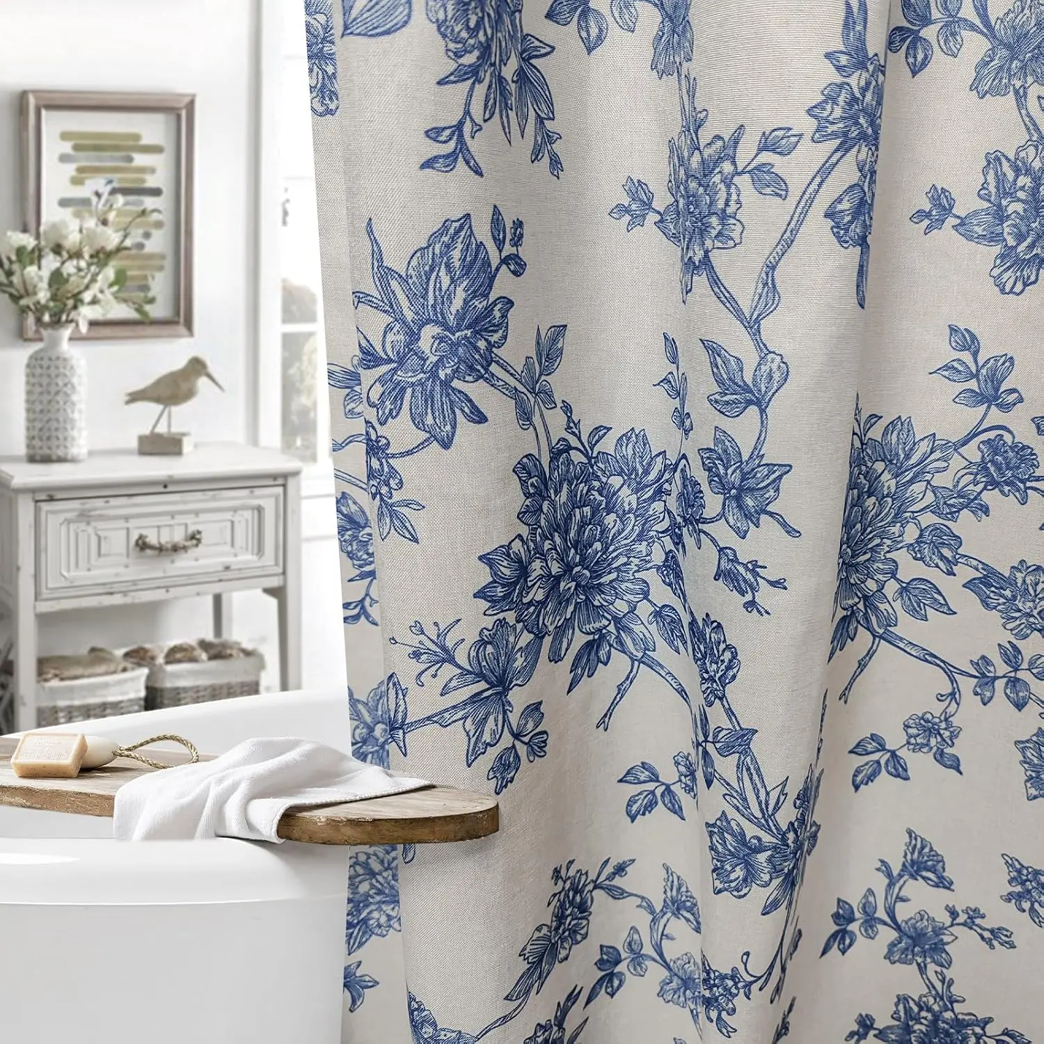 Blue Flower Beige Faux Linen