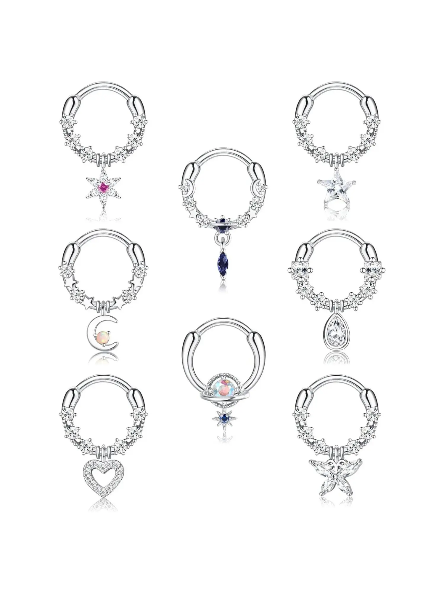 8 Pcs Silvery Piercing Nose Rings, Helix Pierced Ring, 16G Dangle Copper Septum Rings for Women Men CZ Nose Rings Dangle Rook Daith Cartilage Helix Piercing Jewelry Set, Chic Body Jewelry