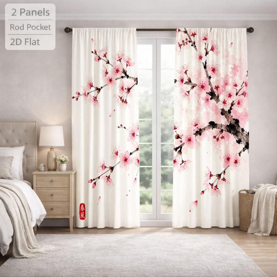 2 Pcs Japanese Style Cherry Blossom Pattern Sun Blocking Curtains Digital Printed Rod Pocket for Bedroom Office Kitchen Living Room Study Home Decor