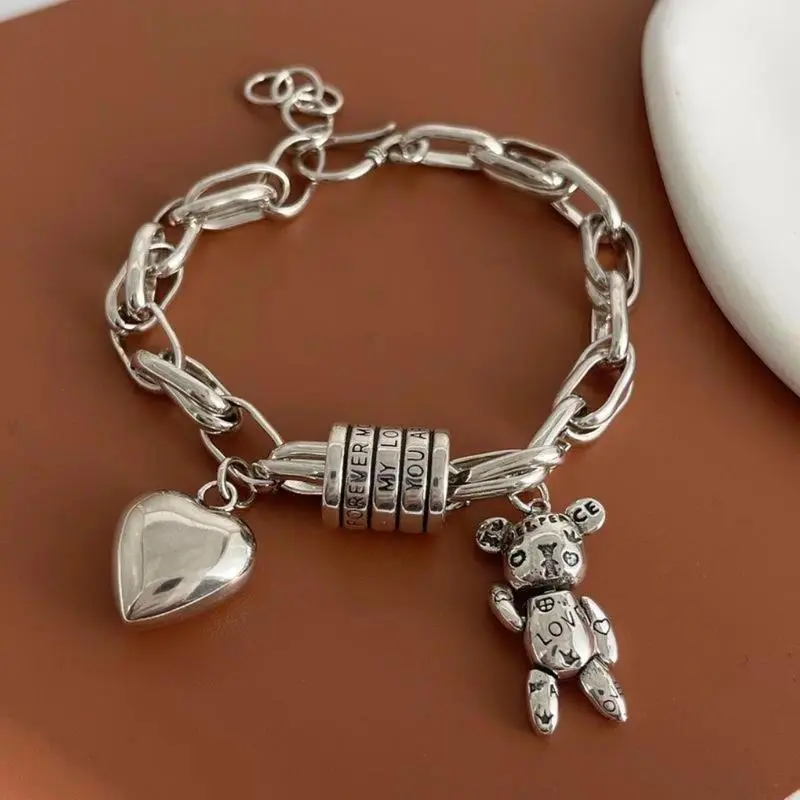 925 Sterling Silver Retro Heart Charm Sports Wristband - Handmade Exquisite Trendy Bracelet for Women, Ideal Birthday Gift, High-Quality Fashion Accessory, Bracelets For Women