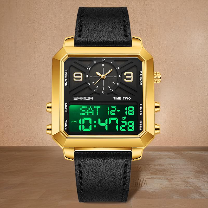 Men's square multifunctional dual screen watch with 3 time zones, stopwatch, alarm clock, countdown and other functions, 30MW waterproof and night light, multiple styles suitable for sports, business and daily wear