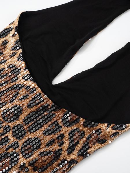 Women's Leopard Print Sequins Halter Dress, Fashion Casual Deep V Neck Backless Dress for Party Club Dating Wear, Women Dress for Summer, Womenswear