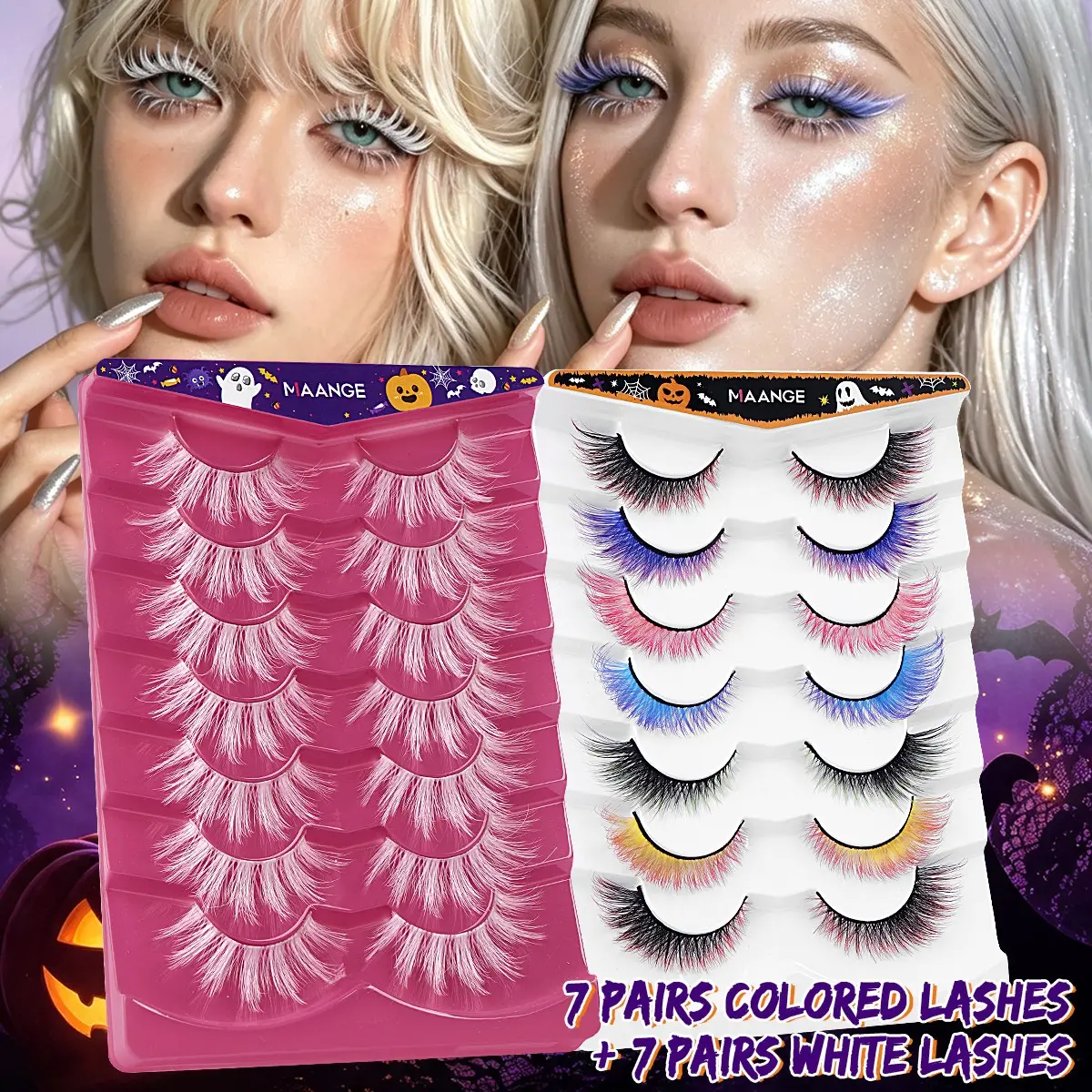 MAANGE 14 Pairs Colored & White False Eyelashes Set, 7 Pairs Rainbow Color Lashes + 7 Pairs Pure White Lashes, Dramatic Wispy Fake Eyelashes, Fluffy Eyelashes for Halloween, Cosplay, Party Costume Eye Makeup