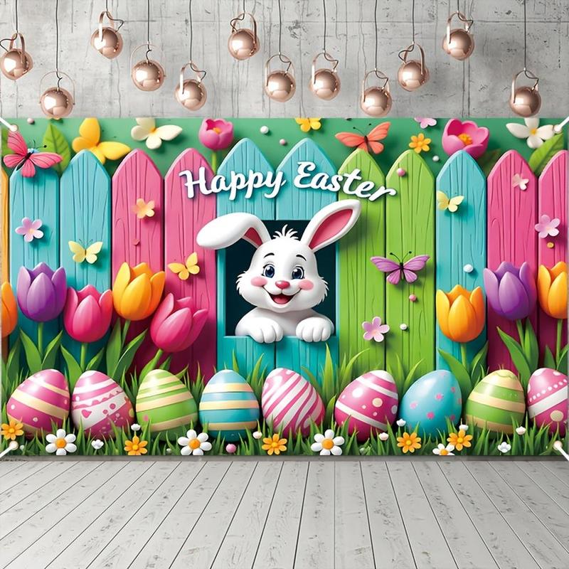 1PC,2D Flat Easter - themed Decorative Backdrop Cloth, Cartoon Rabbit, Colorful Eggs, Flowers, Butterflies Pattern Party Hanging Cloth, Festival Scene Decoration, Photo Background Banner Prop