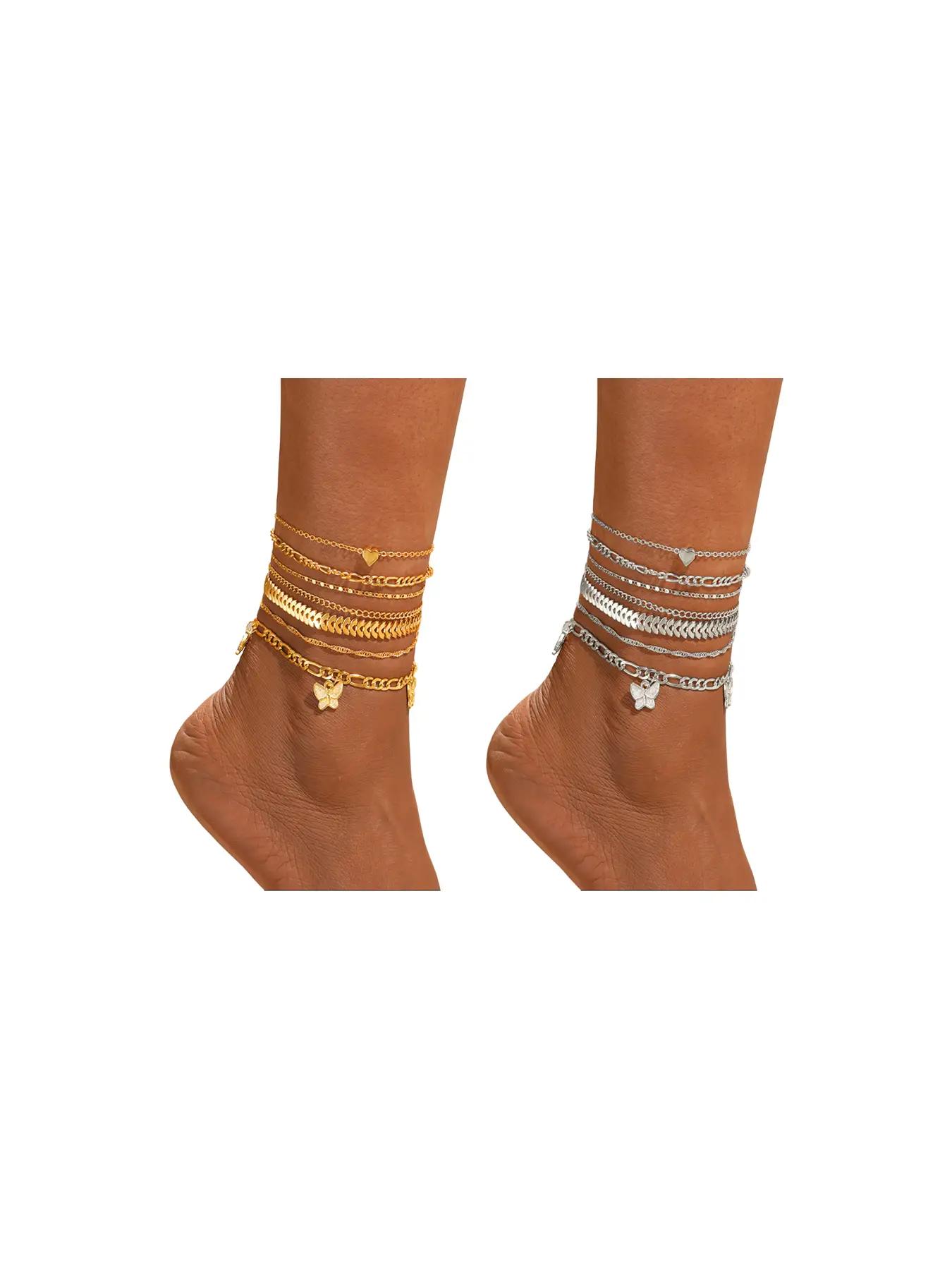 Women's Fashion Charming Butterfly & Heart Shape Anklet Set, Plain Elegant Zinc Alloy Anklet, Trendy Body Jewelry for Women & Girls, Holiday Gifts