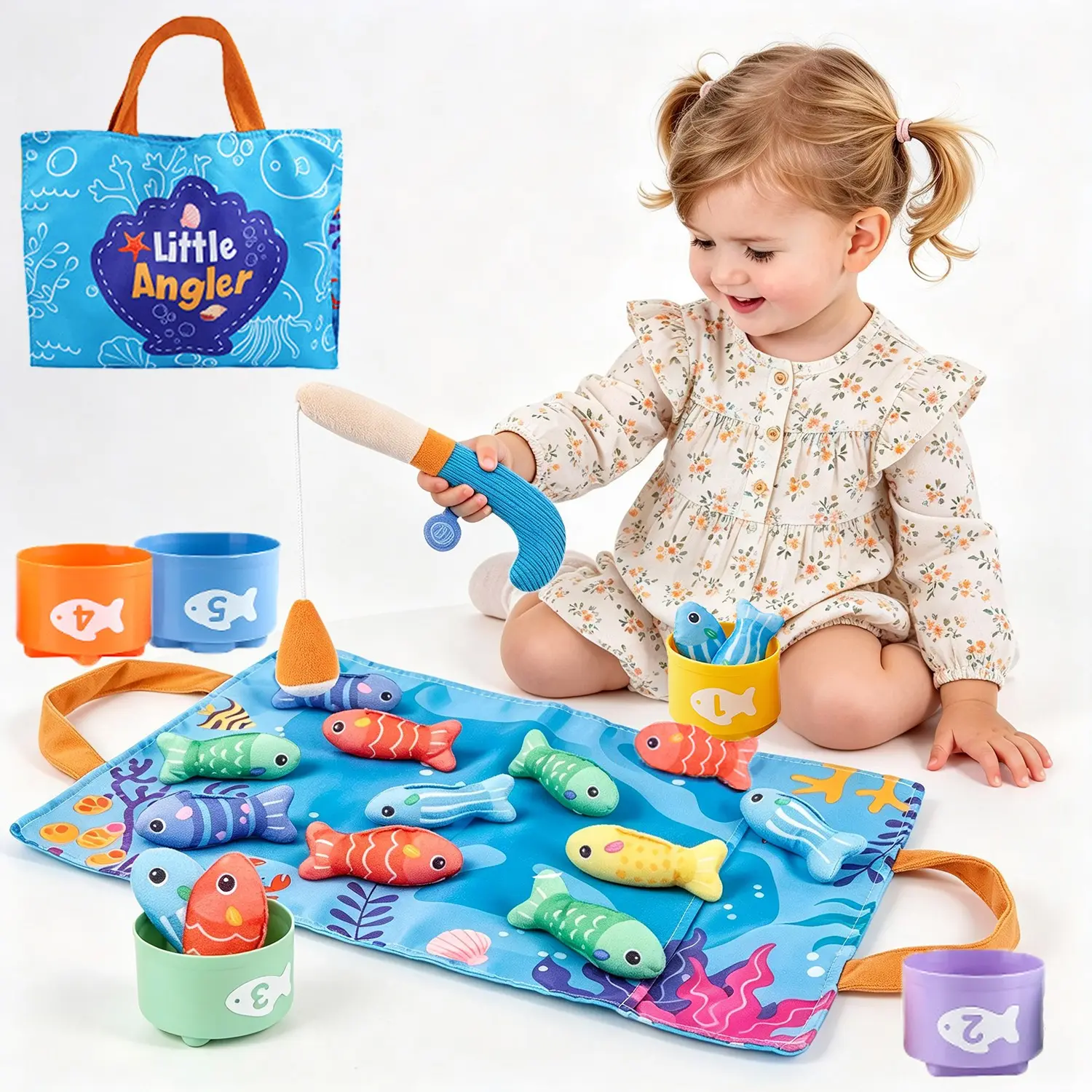 Montessori Toys for 1 Year Old Boy Girl Birthday Gift-Fishing Game  for Babies with Fabric Play Mat, Colorful Fish, Fishing Poles & Storage Bag, Fine Motor Skills Toys for Toddlers, Ideal Christmas Gift