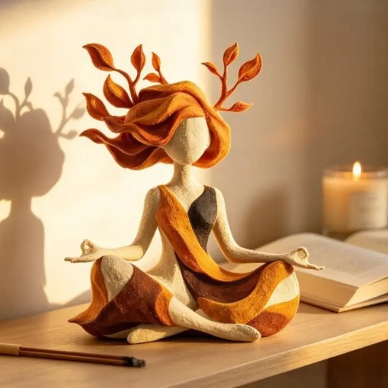 Inner Harmony Yoga Woman Resin Figurine, Autumn Leaf Meditation Zen Sculpture Statue, Calming Spiritual Mindfulness Desktop Decor Ornament for Bedroom Office Living Room Shelf Table, Relaxing Wellness Gift for Yoga Lovers