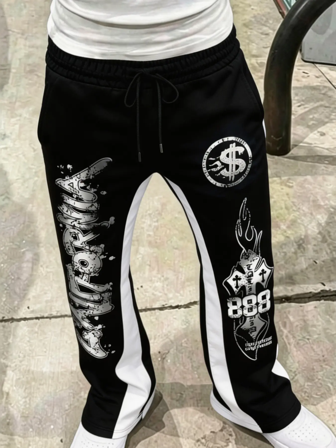 Men's Fall Winter Street Style Micro Flare Sweatpants, Colorblock Side Stripes, California Letter Print, Soft Comfortable, Hip Hop Fashion