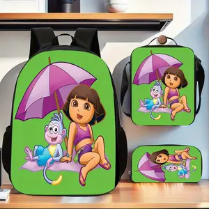 Dora the Explorer Beach Umbrella with Little Monkey Print Backpack Three-Piece Set: Durable Oxford Backpack with a Handheld Lunch Bag and Stationery Bag, suitable for daily school use and street outings