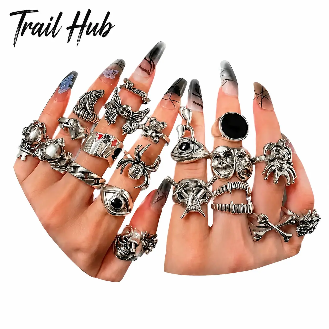 24-Piece Gothic-Inspired Unisex Jewelry Set Featuring Silver-Tone Skull, Spider, Clown Eye, and Heart Rings – Durable Alloy Fashion Accessories for Daily Styling, Concert Outfits, Festival Wear, and Thoughtful Gifting