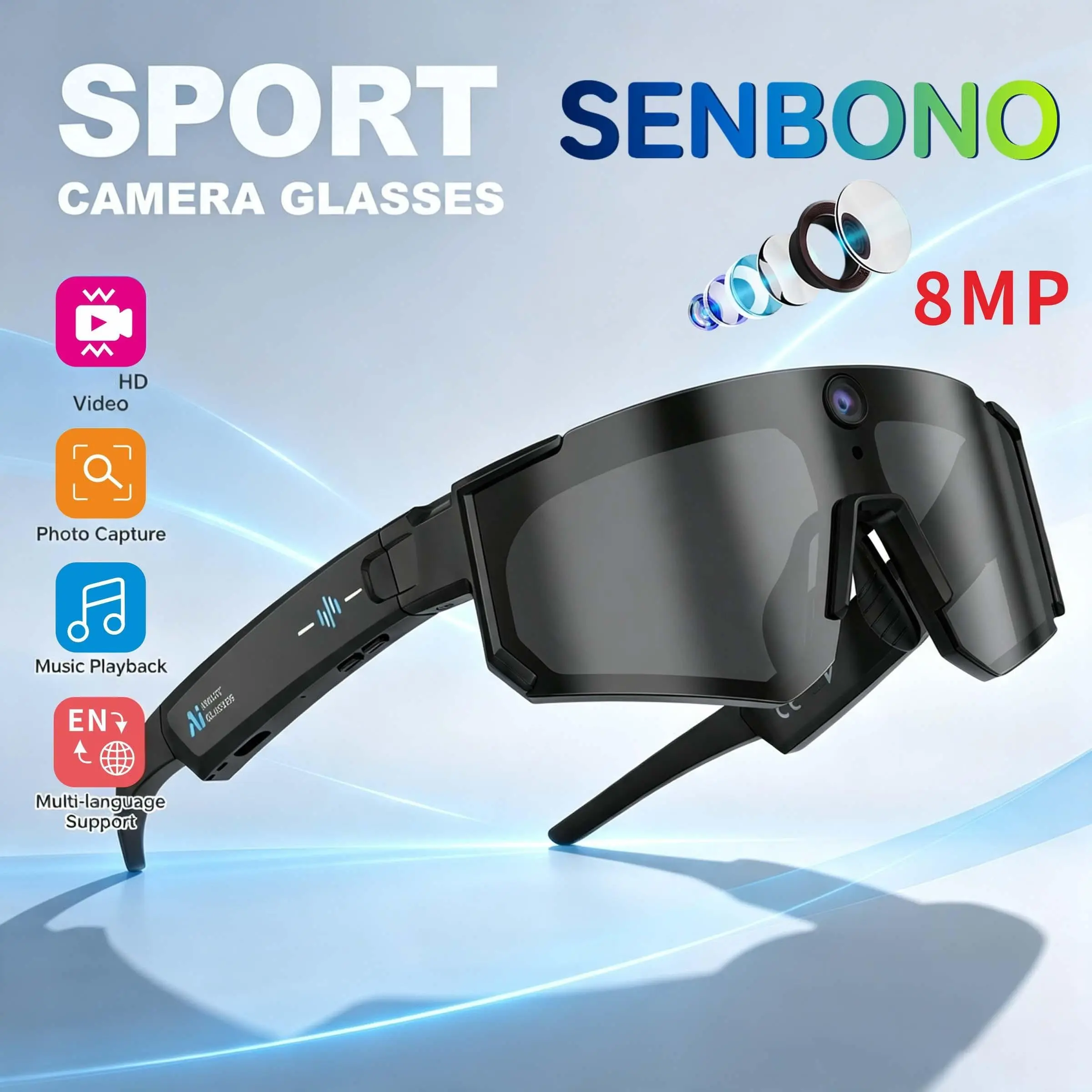 Intelligent glasses sports AI camera, camera glasses | 8-megapixel high-definition photo and video recording |, dual microphone noise reduction, GPT driven AI glasses, anti shake, voice recording/ideal gift for men and women, Smart Camera Glasses