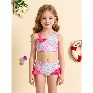 Girls One Shoulder Bikini Swimsuit Fish Scale Bow Design High Cut Backless Swimwear for Beach Resort Vacation