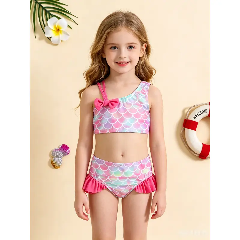 Girls One Shoulder Bikini Swimsuit Fish Scale Bow Design High Cut Backless Swimwear for Beach Resort Vacation