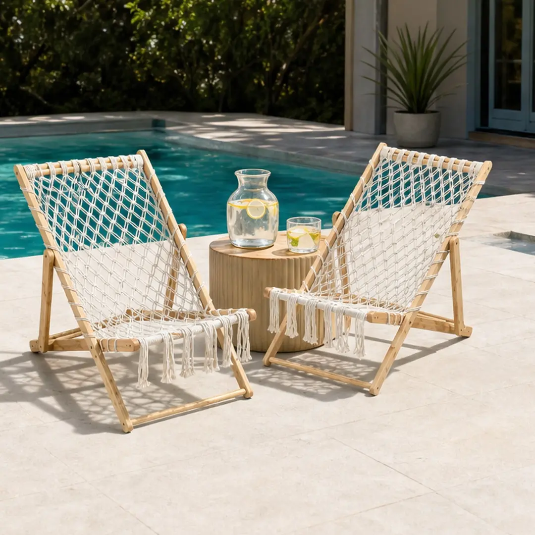 ARCH 2-Pack Double-Braids Handwoven Outdoor Dining Chairs - Natural Bamboo Frame, Adjustable Backrest, Durable Light Organic Aesthetic, Beach Chairs for Patio Reading, Garden Party, Patio Set (18.50 W x 30.30 D x 33.10 H)