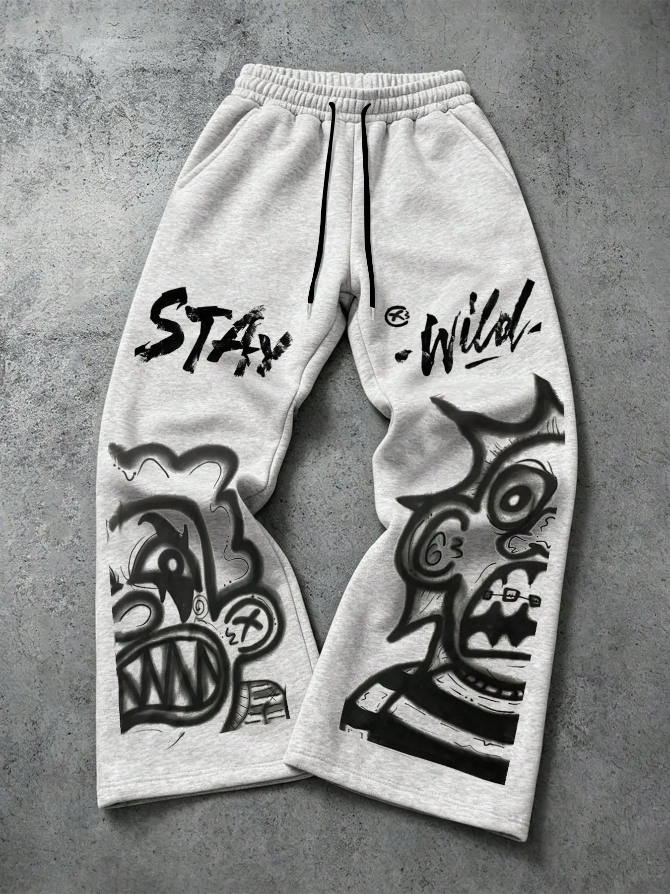 Men's Street Style Streetwear Cartoon Graffiti Micro Flare Loose Sweatpants, Heavy-Duty Ink Wash Drawstring Wide Leg Pants, Unisex Slimming Long Trousers
