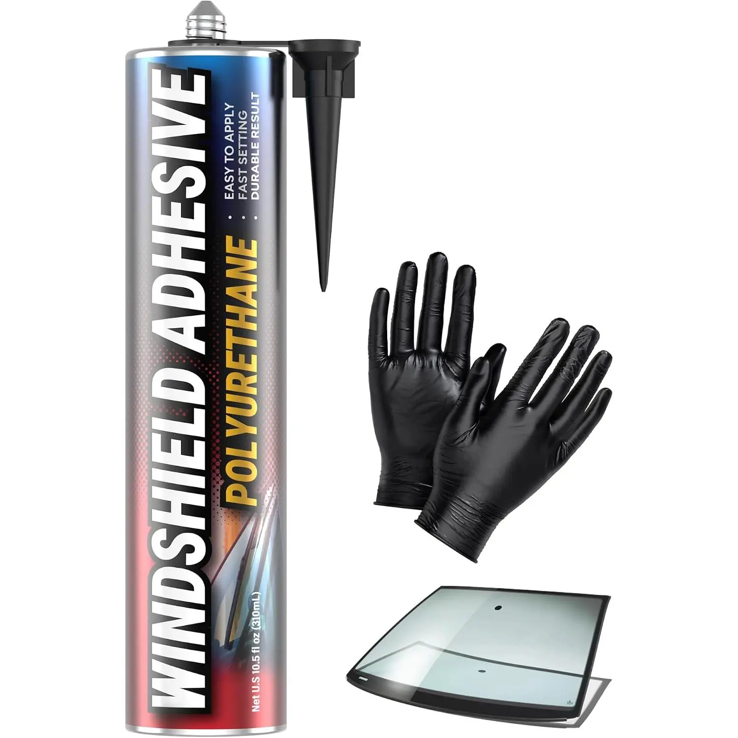 Urethane Windshield Adhesive - Quick Curing & Weather Resistant Auto Glass Adhesive, Vertical & Overhead Application, Windshield Repair Kit with Gloves, Applicator Tip &  - 310ml Black
