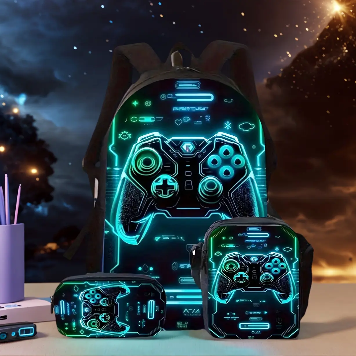 Neon Gaming Controller Backpack, Colorful Gamer School Bookbag with Padded Shoulder Straps, Top Handle and Side Mesh Pockets for Kids, Teens and Students
