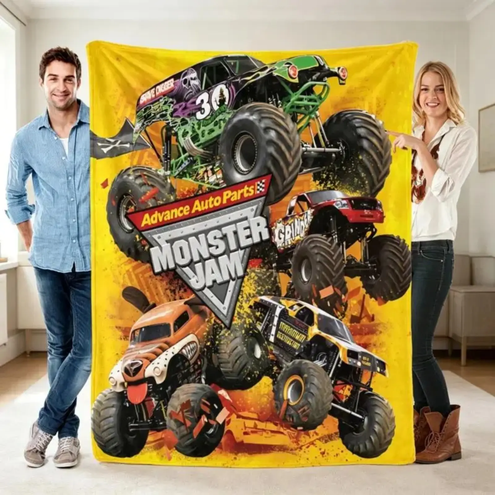 Monster Jam Cool Monster Truck Racing Flannel Throw Blanket, Ultra Soft Polyester Cozy Warm All Season Blanket, Racing Car Bedding for Boys Kids Bedroom Sofa, Gamer Sports Room Decor Nap Blanket, Perfect Gift for Boys Birthday Christmas Race Watch Night