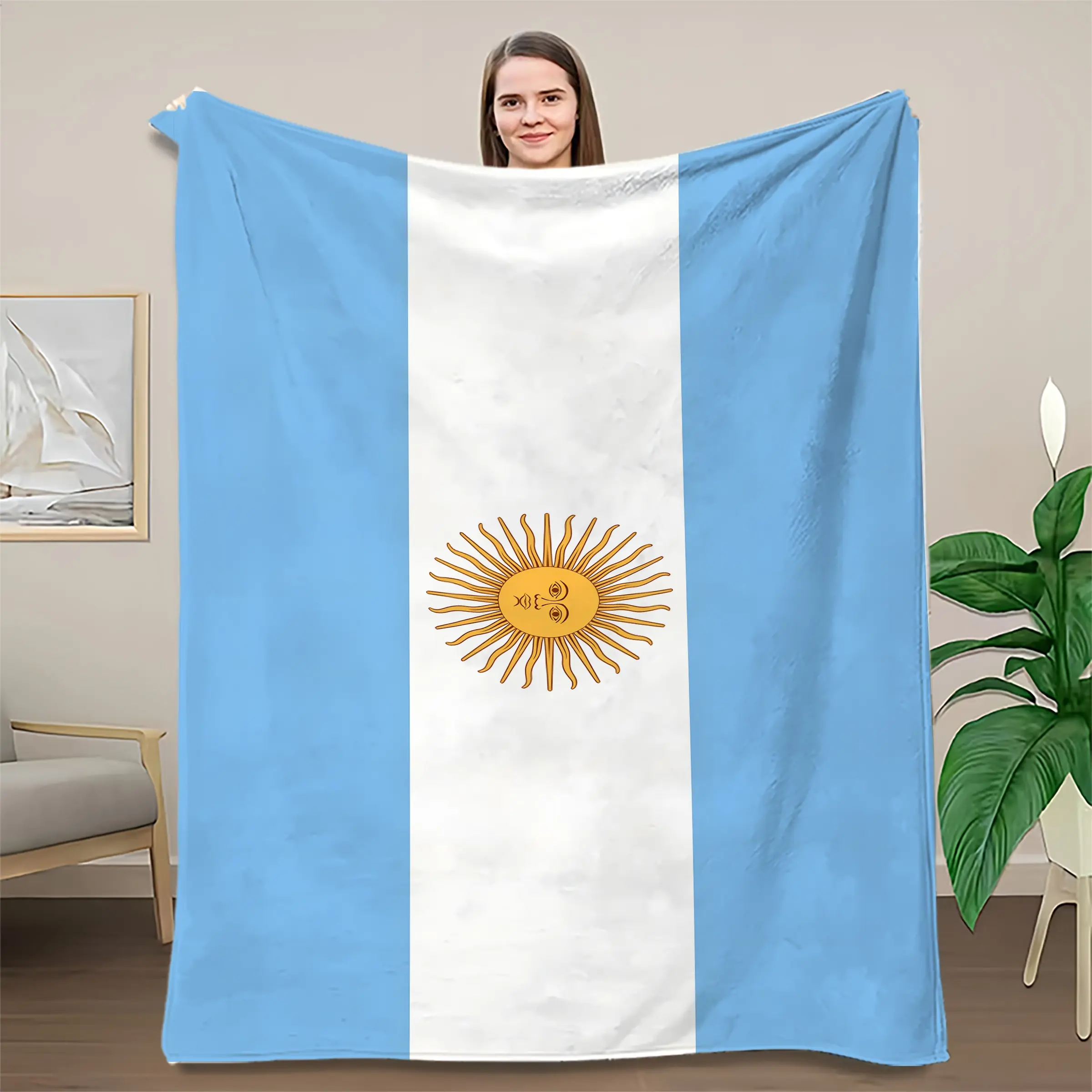 Argentina National Flag and Sun Print Soft Lightweight Warm Flannel Blanket, Ideal for Sofa, Bed, Camping, Patriotic Gifts