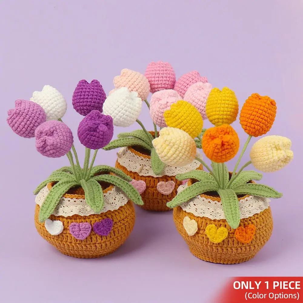 Handmade Crochet Tulip Potted Plant, 1 Count Knitting Tulip Potted Plant, Desktop Decoration for Home Office, Gift for Friend & Family