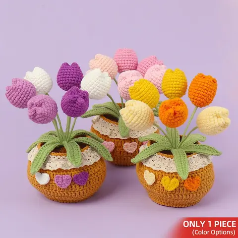 Handmade Crochet Tulip Potted Plant, 1 Count Knitting Tulip Potted Plant, Desktop Decoration for Home Office, Artificial Indoor Plant, Gift for Friend & Family