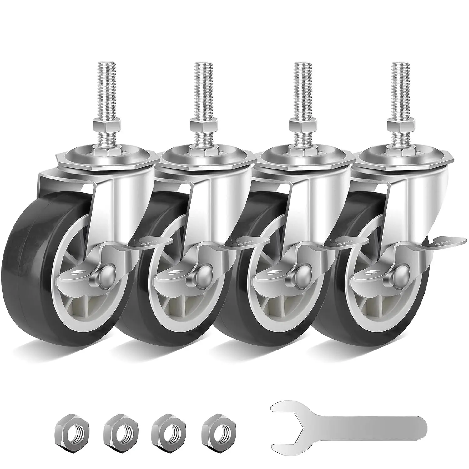 3 Inch Heavy Duty Stem Casters Swivel Wheels with  - 3/8" -16 x 1-1/2" (Stem Diameter 3/8", Stem Length 1-1/2"),Set of 4 with Locking Threaded Stem Caster Wheels - Load 600lbs (Grey)