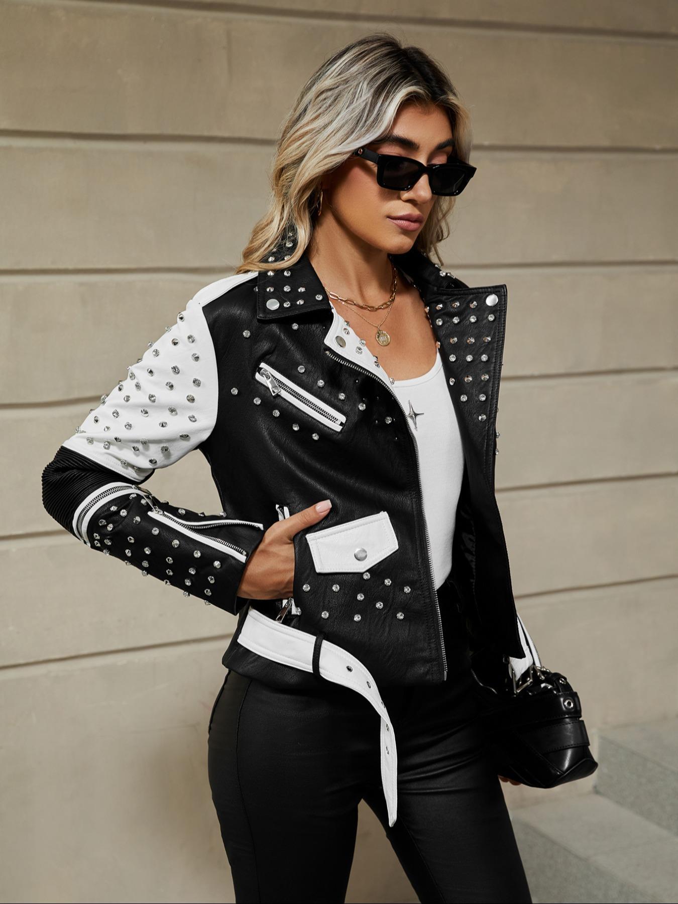 Women's Spring Autumn Jacket with Belt, Casual Vintage Simple Motorcycle Jacket, Rivet Coat with Pockets and Asymmetrical Zipper, Zip Front Jacket