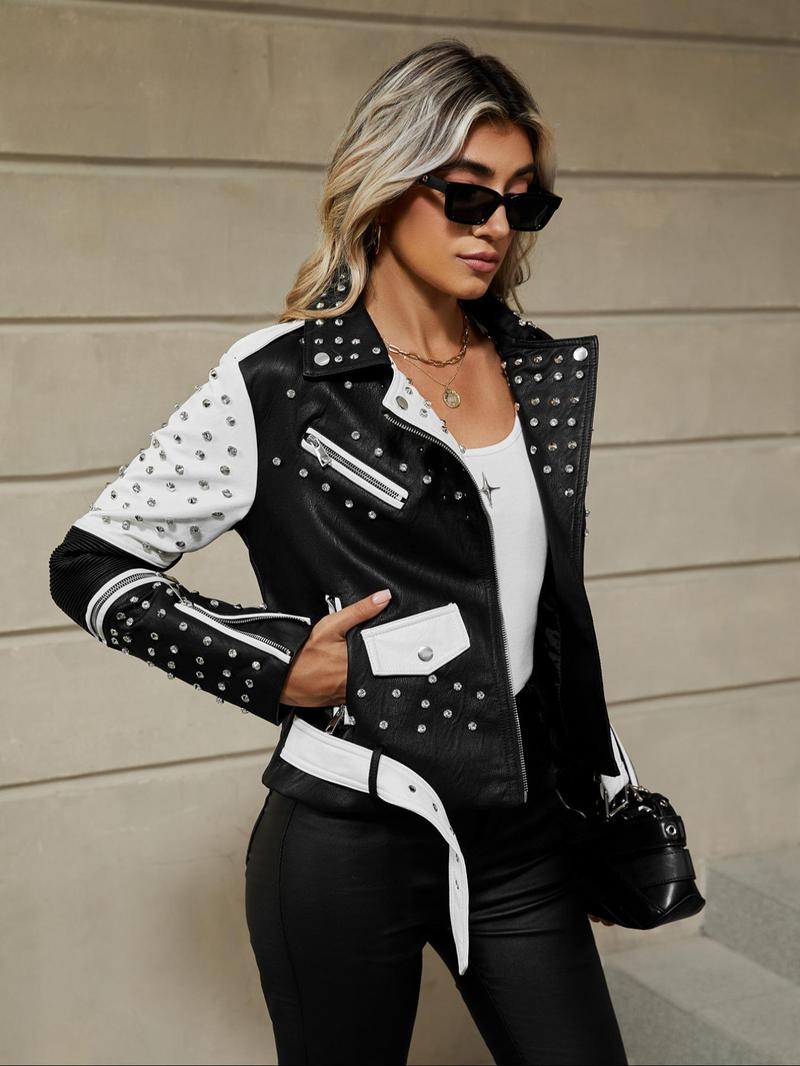 Women's Spring Autumn Jacket with Belt, Casual Vintage Simple Motorcycle Jacket, Rivet Coat with Pockets and Asymmetrical Zipper, Zip Front Jacket